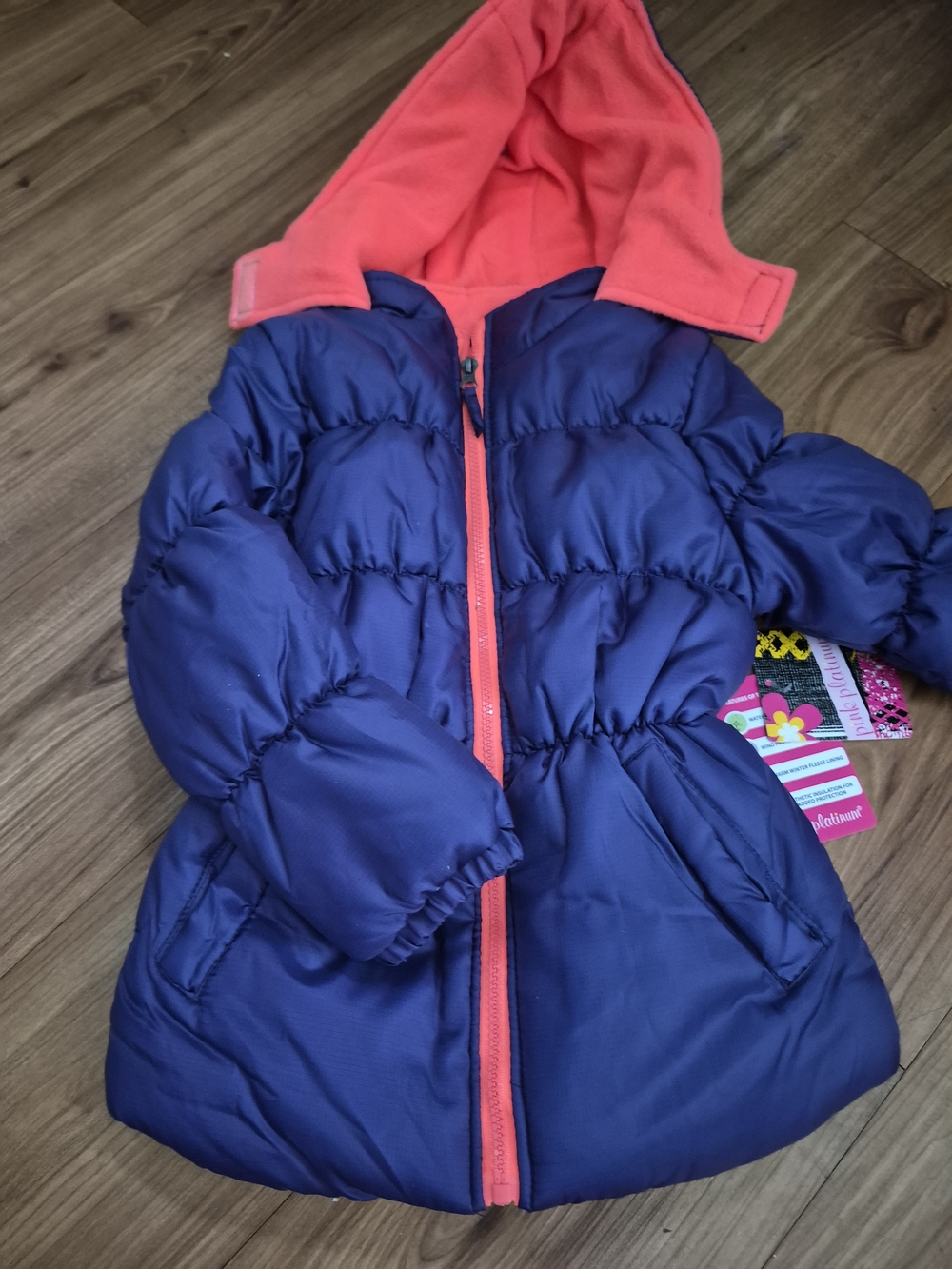 NWT Pink Platinum Kid's Navy Puffer Coat with Hood Orange Lining